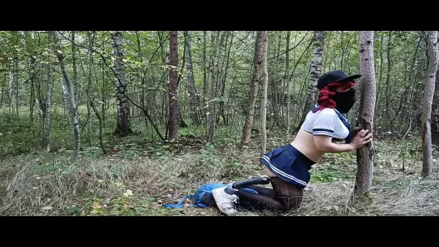 Schoolgirl finds a dildo in forest