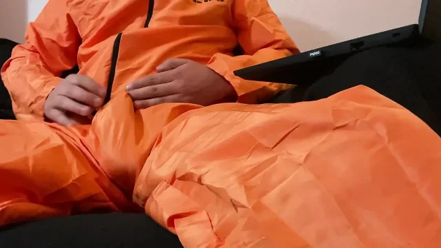 Young prisoner inmate in convict uniform jerks off his thick cock with huge cumshot