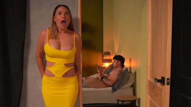 Stepson masturbates thinking he's home alone and his busty stepmom watches him with desire