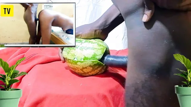 Teen Fucking watermelon while watching porn movie of Dicksex and Givensex