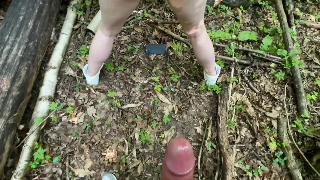 Bottom up view of small and tight young pussy getting fucked in the woods barely