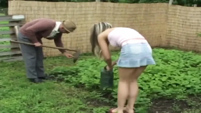Blonde Little slut gets fucked in the garden by an old man