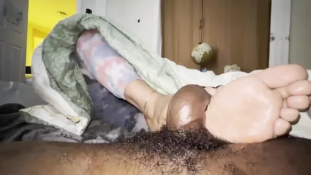 Ebony black footjob daddy bbc cum