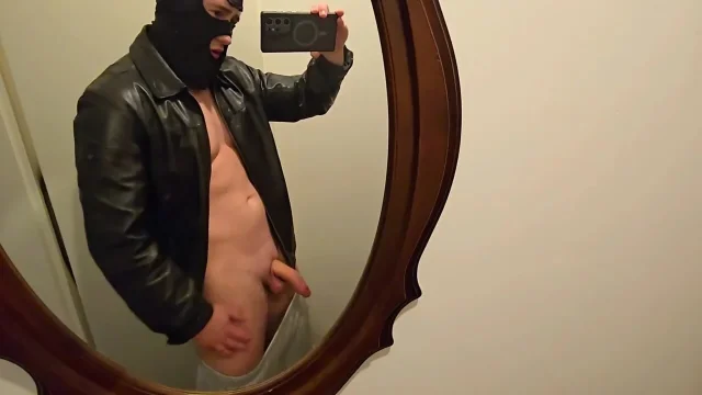 Mirror Leather Jerk Off Hot Daddy Pumps Thick Cock & Shoots Big Load On his