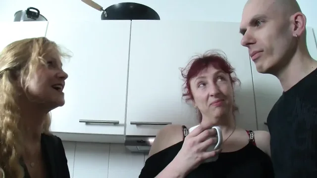 3some in the kitchen with the horny pierced and tattooed German matures