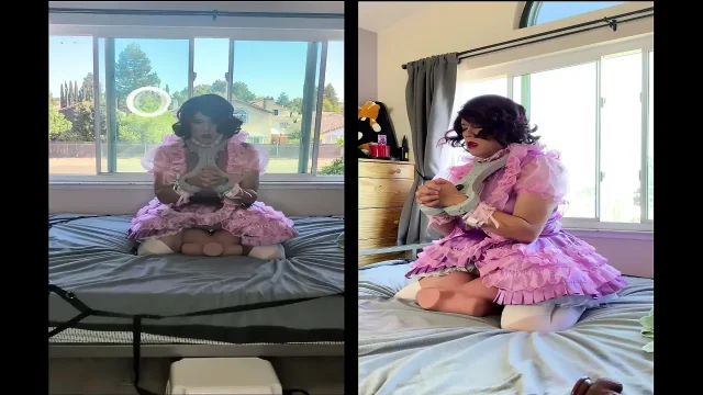 Pink Satin Sissy Maid Rides Her Sex Doll Toy While Locked