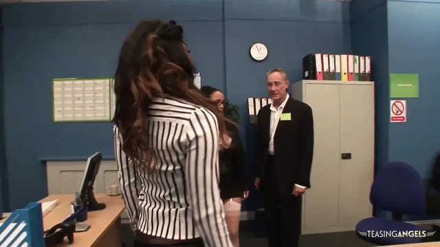 The black secretary is fond of interracial group sex with her bosses at the office