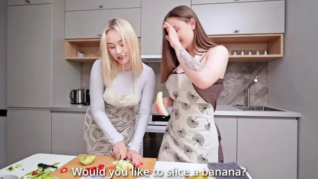 Lesbians Are Cooking in the Kitchen but Big Hard Cock in Their Ass and Pussy Stopped It