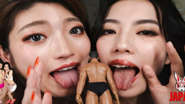 Giantesses Haruno and Tsubame Lean in Over Their Toy Exploring Him Like a