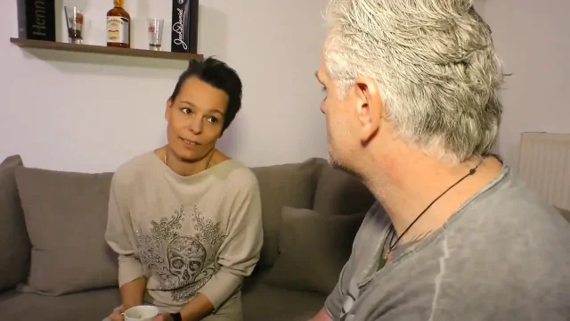 Short hair sexy brunette in pantyhose sucks and fucks grey hair dude she met on the stairs