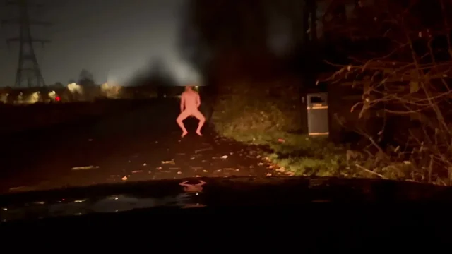 Strip naked and wank twerk at side of road a car thought about driving up the lane
