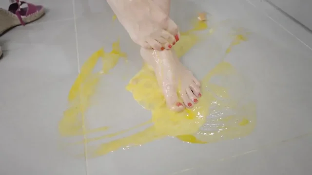 Bored Blonde MILF Tramples Eggs with Hot Feet - Foot Fetish Crush