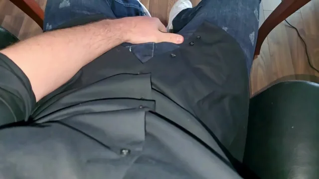 German voice in boss chair blue Calvin Klein boxer cock rock hard precum flowing
