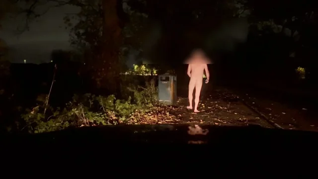 Wanking naked barefoot in road Hiding in the field and infront of car so not