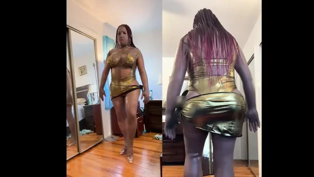 Black Babe Danae in a Sexy Gold Bathing Suit Stripping Fucking Her Dildo and