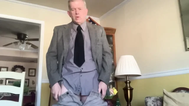 Daddy stripping off pants and briefs to masturbate