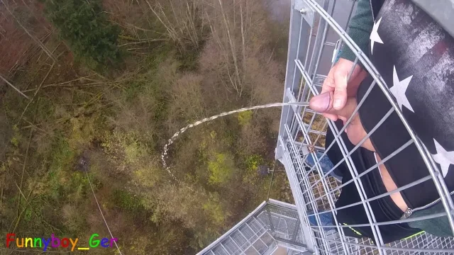 I pee outside from a very public observation tower and then masturbate my penis