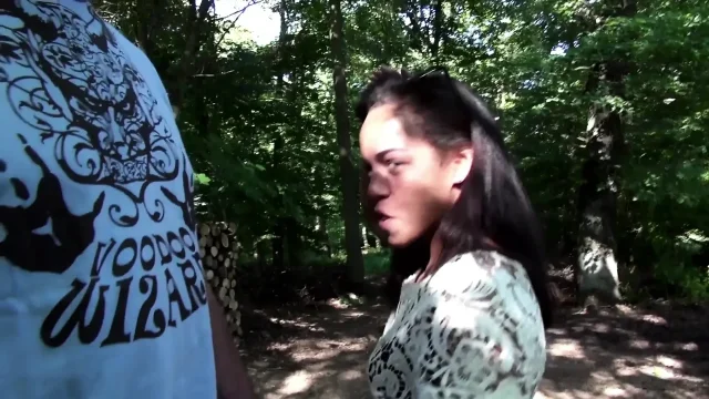 Outdoor threesome bang for sexy brunette