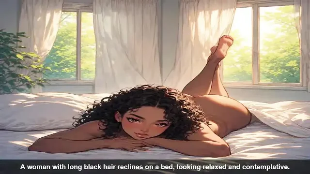 A woman with long black hair reclines on a bed looking relaxed and contemplative