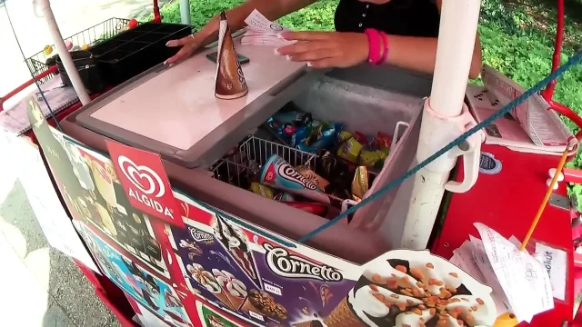 Nasty brunette eats ice-cream and then goes to his house on POV fucking
