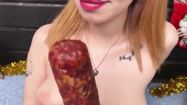 College Girl Plays with Sausage in Holes