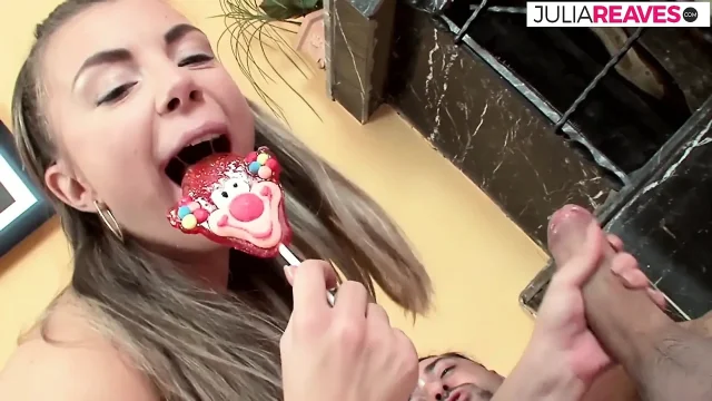 Skinny babe masturbates with a candy then gets fucked by a massive cock