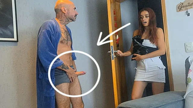 Perverted Grandpa Receives Delivery Woman with an Erection