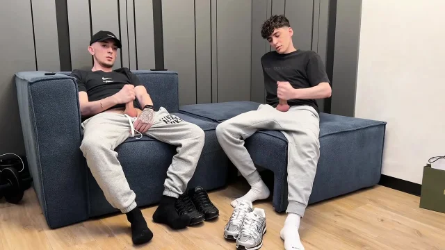 Two guys jerking off together