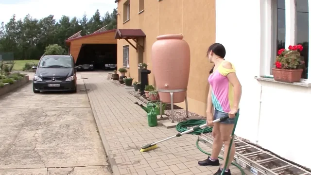 Sexy German babe rides big dick in the backyard