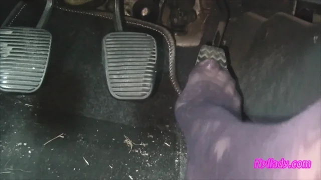 Nyllady's Footjob to Gearshift and Wheel in Patterned Pantyhose