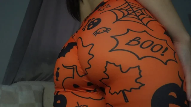 Indian big ass wife halloween leggings doing camel toe pussy then masturbating and playing with her big tits