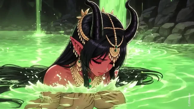 Beautiful Red Demon Lay in Green Water Bath in a Cave Compilation Ai Animation