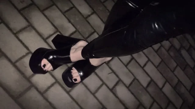 platform mules and latex leggings